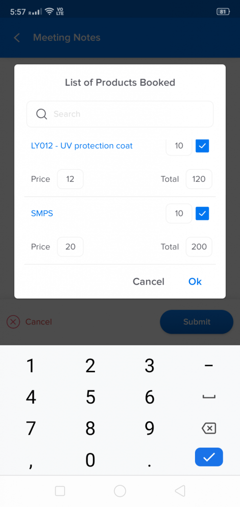 Lystloc Product List with Price and Quantity Filled in Mobile Screen