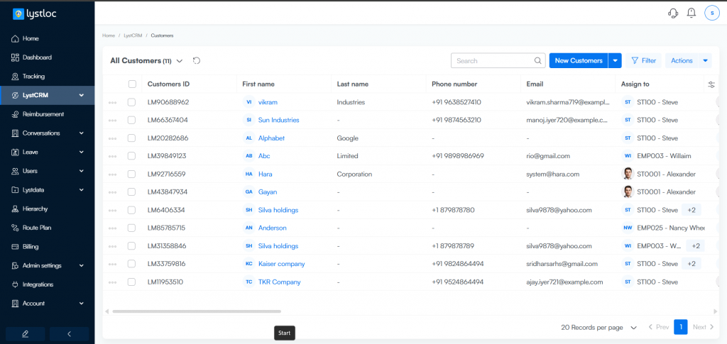 Lystloc Field Sales CRM :Customers Module