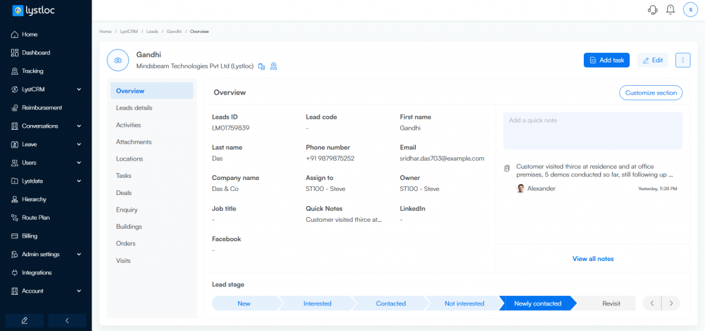 Lystloc Field Sales CRM : Leads Module