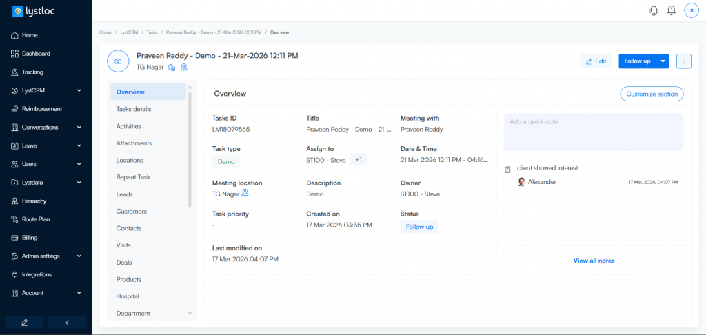 Lystloc Field Sales CRM :Tasks Module