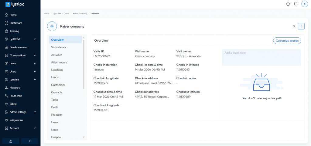 Lystloc Field Sales CRM : Visits Module