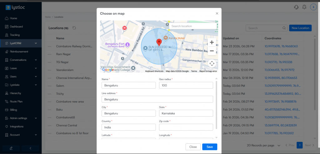 Lystloc Field Sales CRM : Locations Module